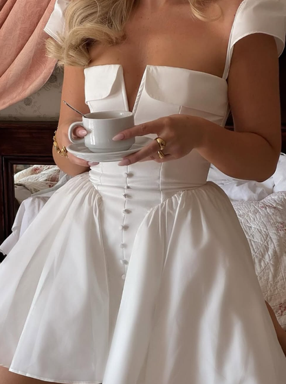 Princess A Line V Neck White Satin Short Homecoming Dress Birthday Dress SH2238