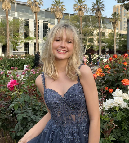 Blue Tulle Applique Long Evening Dress Formal Prom Dress SH902