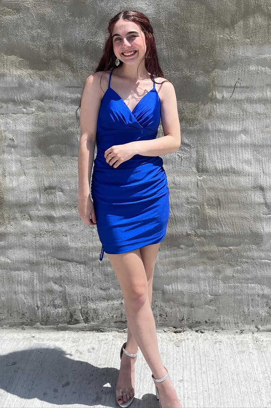Royal Blue Surplice Ruched Short Homecoming Dress Silk Hoco Dress