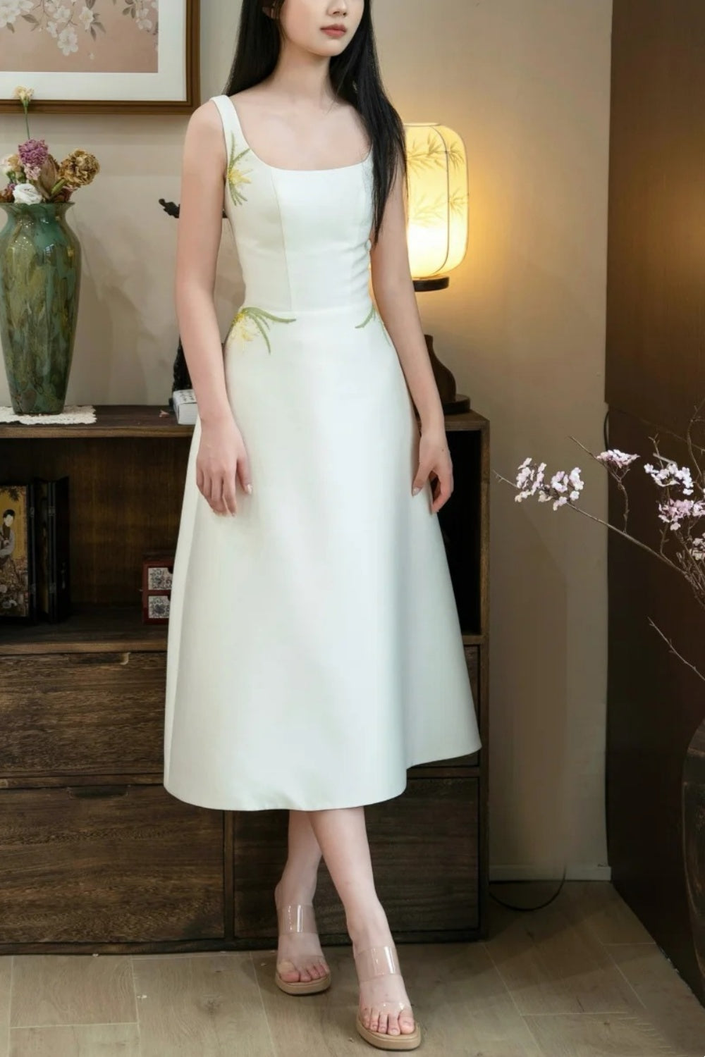amakanas- Vintage Beige Orchid Grass Embroidered Square Neck Midi Chinese Style Evening Gown gh6035