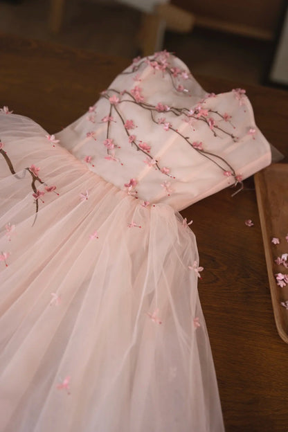 amakanas- Vintage Peach Pink Plum Blossom 3D Embroidered Strapless Tulle Chinese Style Evening Gown gh6034