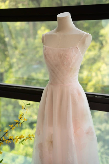 amakanas- Vintage Pink Tulle 3D Floral Spaghetti Strap Long Forest-Style Evening Gown gh6094