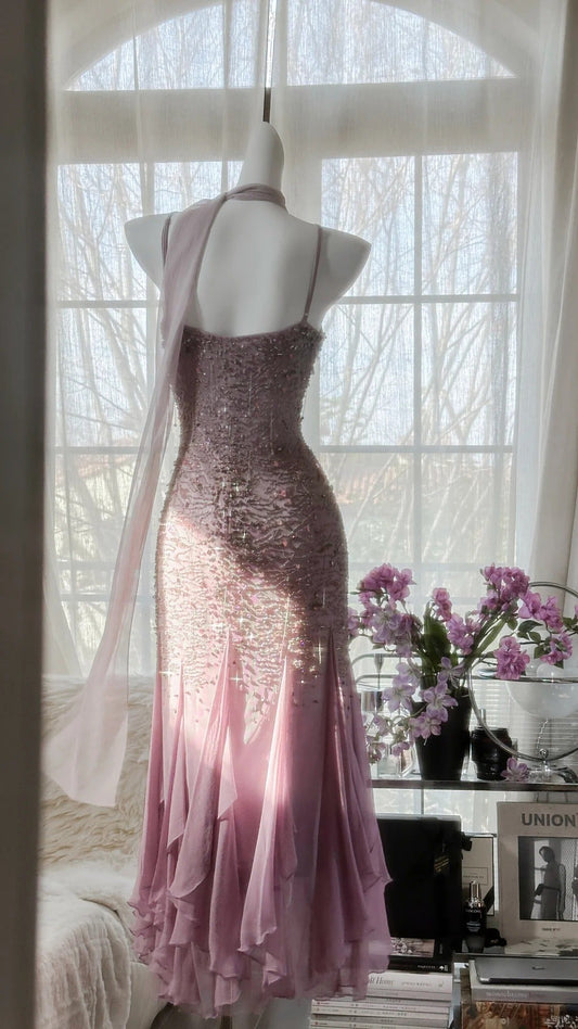 Pink Purple Elegant Romantic Exquisite Beaded Long Chiffon Ball Gown Evening Dress Birthday/Wedding Guest/Holiday Party Dress Prom Dress gh4021