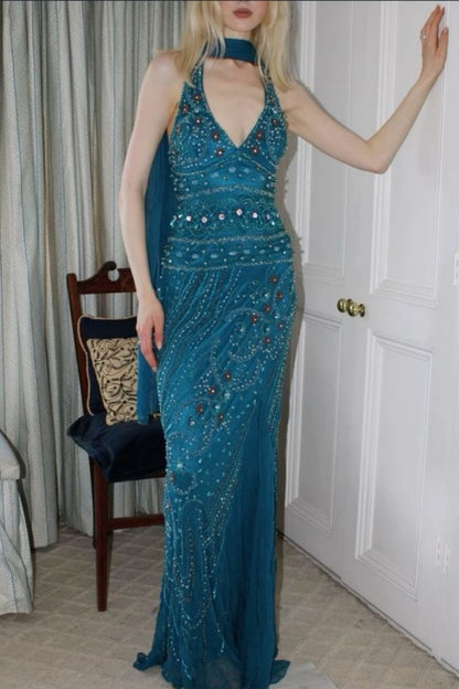 amakanas-Blue delicate beaded chiffon long dress gh6153