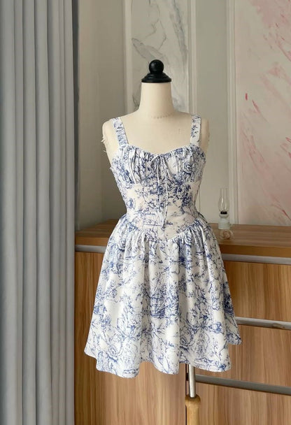 amakanas-- Blue floral elegant short chiffon homecoming dress for women girls garden party dress blue and white porcelain gh5718