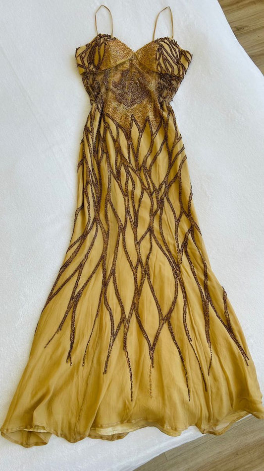 amakanas-Vintage Gold-Brown Vine Sequin Spaghetti Strap Long Evening Gown gh6021
