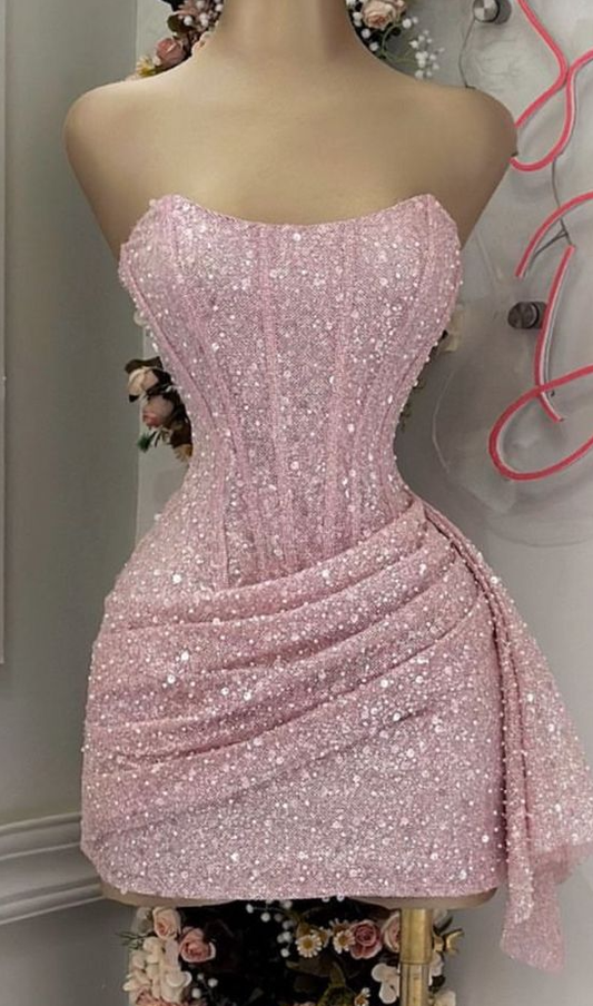 Pink Strapless Sequins Party Dress Mini Homecoming Dress Birthday Outfits