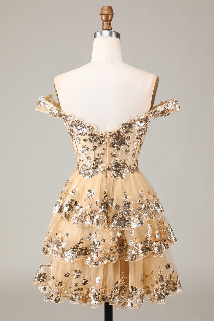 Vintage Golden Off-the-shoulder Design Short Evening Dress, A-line Sequins Corset Tiered Lace Homecoming Dress TP3398
