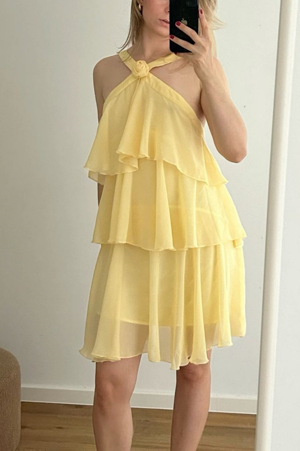 amakanas-Yellow floral suspender short homecoming dress chiffon girlfriend dress sister dress gh5800