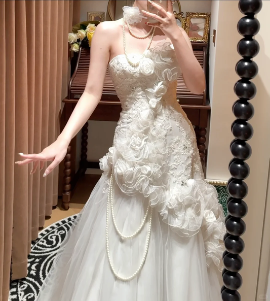 Glamorous Strapless 3D Floral Lace Mermaid Ruffled Embroidery Pearl Accents Wedding Dress TP5335