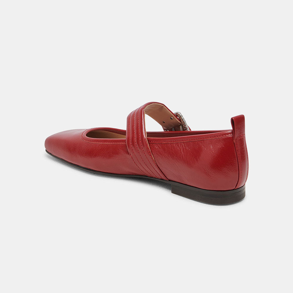 Red Vegan Leather Square Toe Flat Buckle Mary Jane Shoes