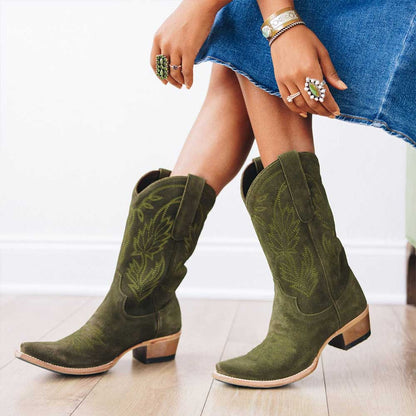 Elegant Embroidered Chunky Heel Mid-Calf Cowgirl Boots in Oliver