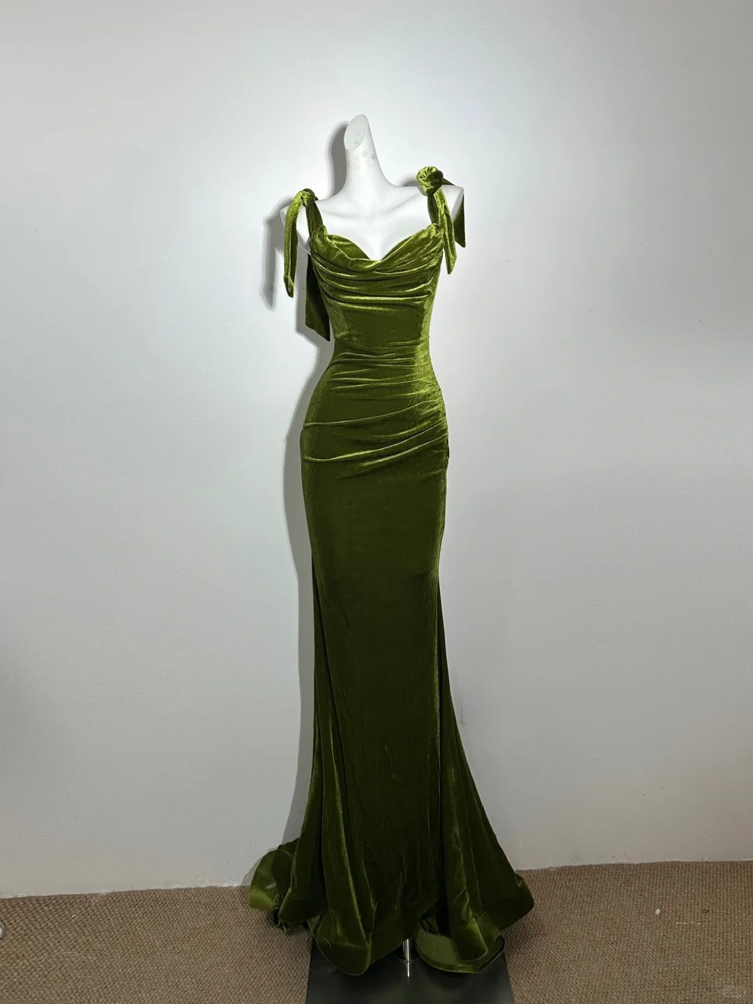 amakanas--Olive green velvet long vintage prom dress gh5471
