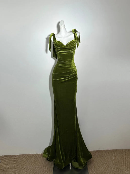 amakanas--Olive green velvet long vintage prom dress gh5471
