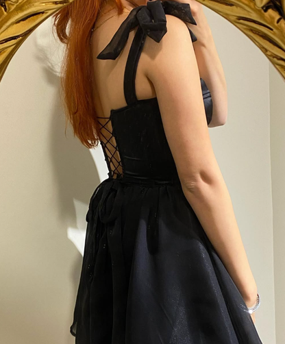 Cute A Line Off the Shoulder Black Satin Chiffon Short Homecoming Dress Evening Dress SH2158