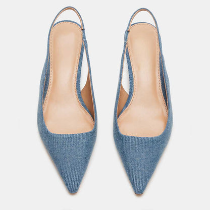 Blue Denim Kitten Heel Slip-On Slingback Pumps with Pointed Toe