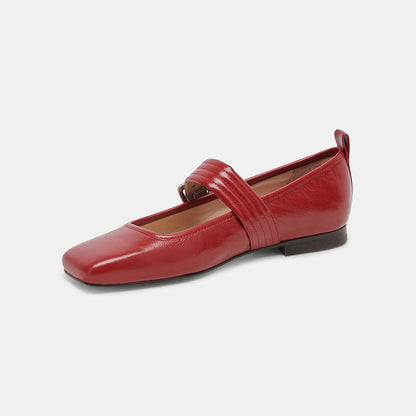 Red Vegan Leather Square Toe Flat Buckle Mary Jane Shoes