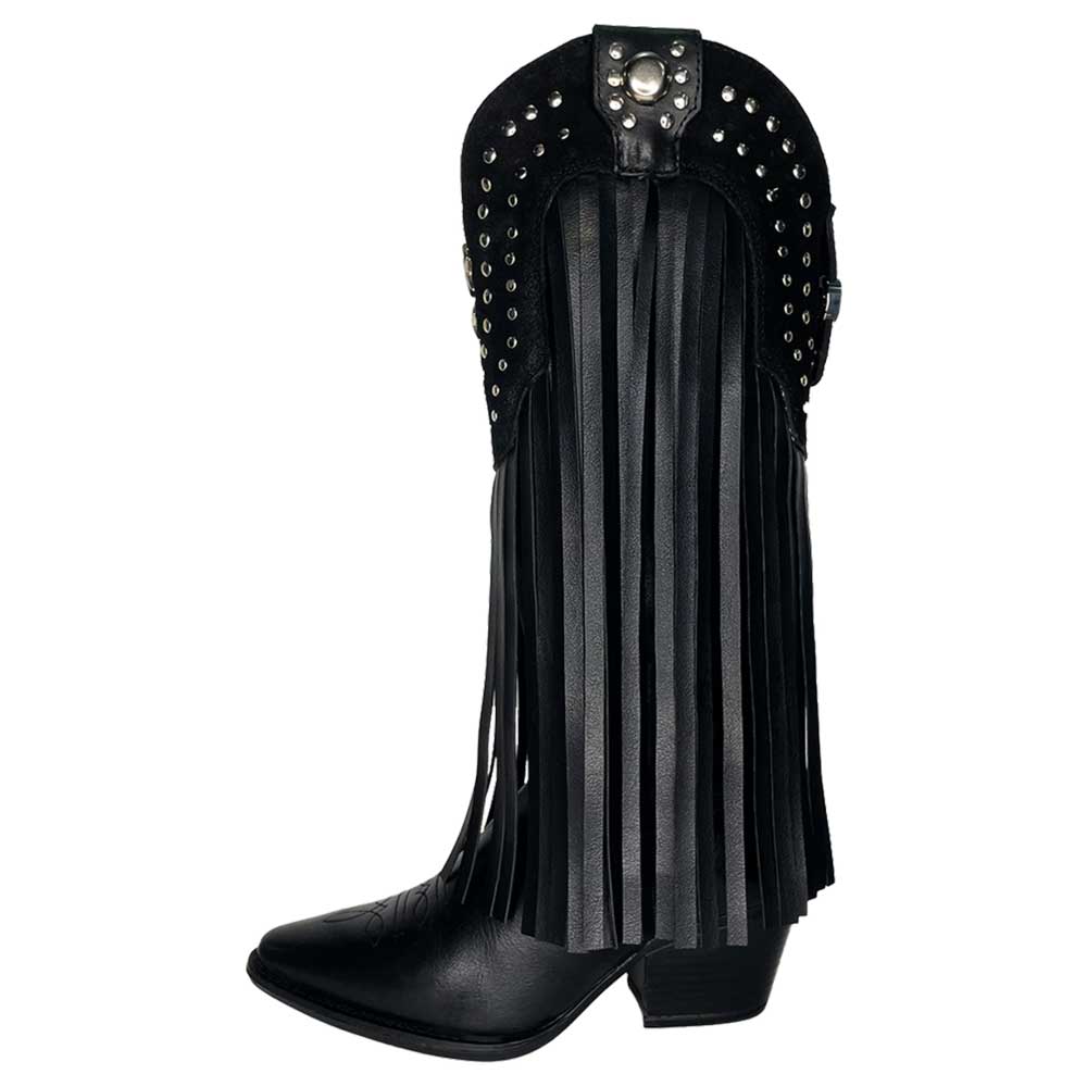 Vegan Leather Pointed Fringe Knee-High Heel Cowgirl Boots in Black