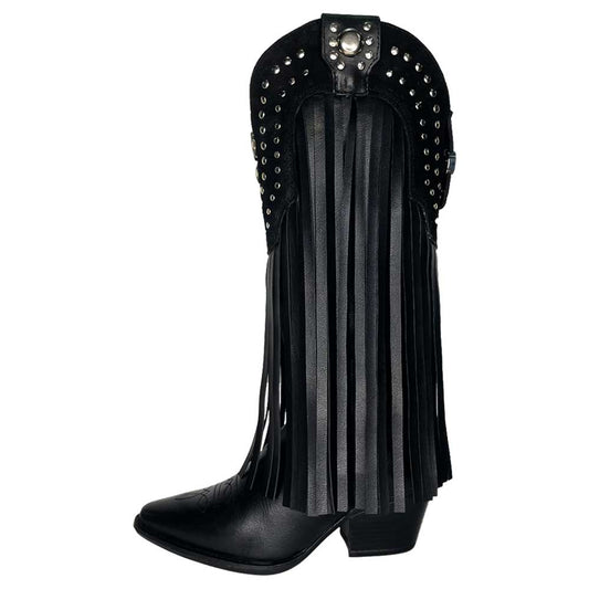 Vegan Leather Pointed Fringe Knee-High Heel Cowgirl Boots in Black