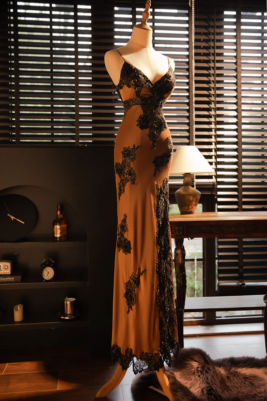 Vintage Elegant V-neck Applique Design Romantic Chiffon Evening Dress Prom Dress TP4017