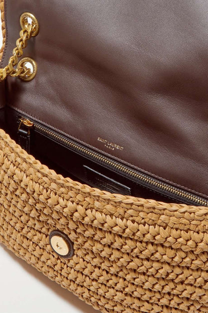 SAINT LAURENT Niki medium leather-trimmed raffia shoulder bag Cream