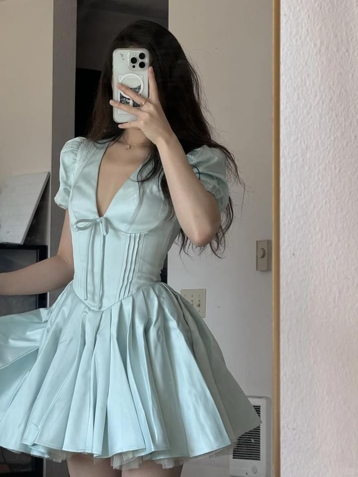 amakanas-Blue Sweet Fashion V-Neck Short Satin Homecoming Dress Birthday Party Dress gh5249