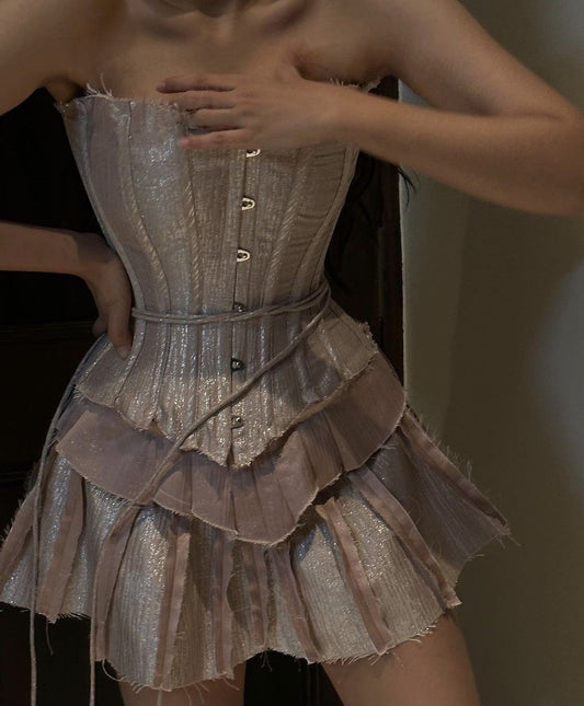 amakanas-Light Pink Glitter Vintage Corset Sweet Short Satin Homecoming Dress gh5338