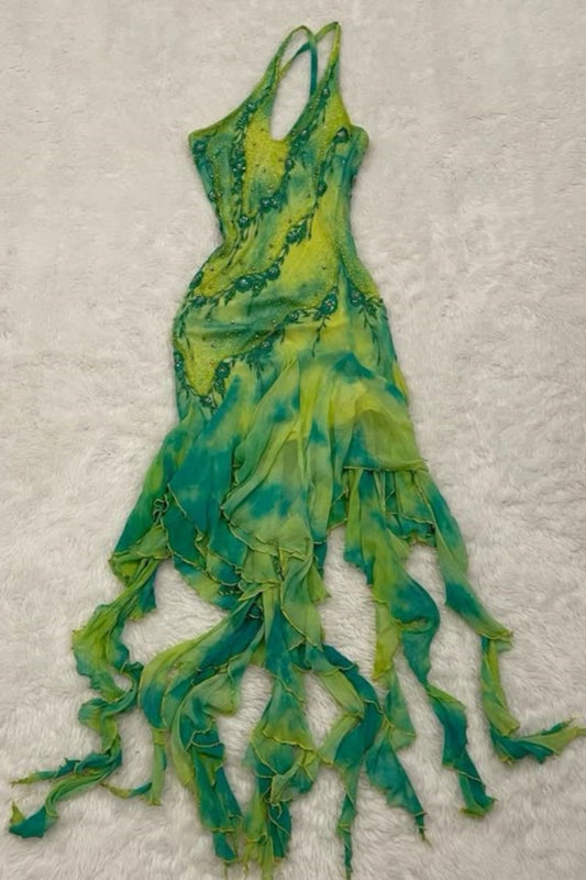 amakanas-Green Beautiful Gradient Exquisite Floral Long Chiffon Birthday Dress Prom Dress Evening Dress gh5991