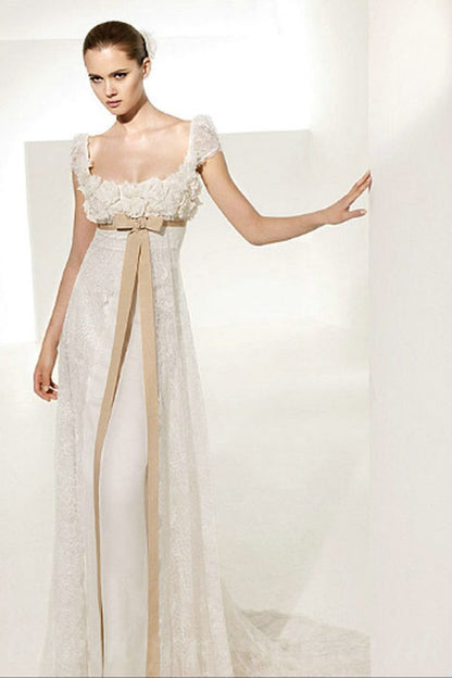 White vintage elegant fashion exquisite lace green ribbon long satin floor length small tail prom dress evening dress party dress prom dress wedding dress wedding guest dress bridesmaid dress gh3789