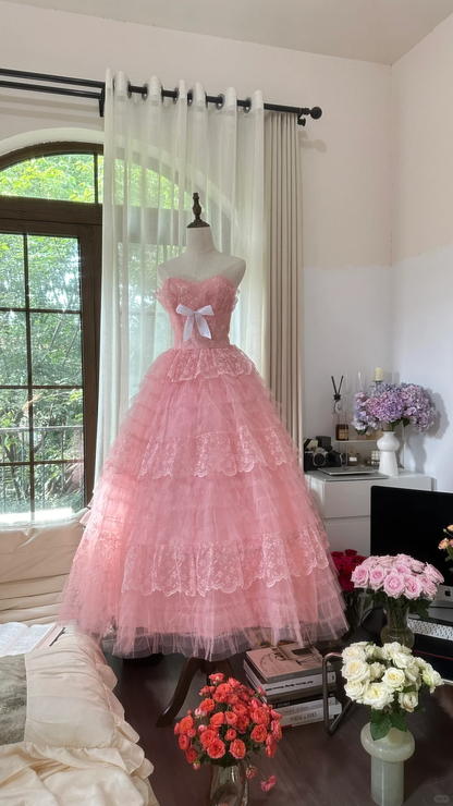 Pink sweet fashion elegant exquisite lace bow long tulle lace princess ball gown evening dress birthday dress adult ceremony dress gh4033