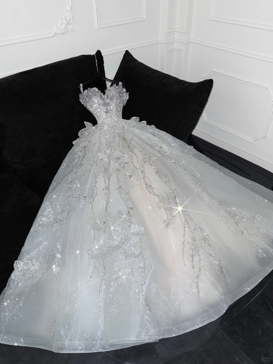 Gorgeous Shiny Beaded White Sweetheart Tulle Sequin Design Elegant A-Line Floor-length Wedding Dress TP4186