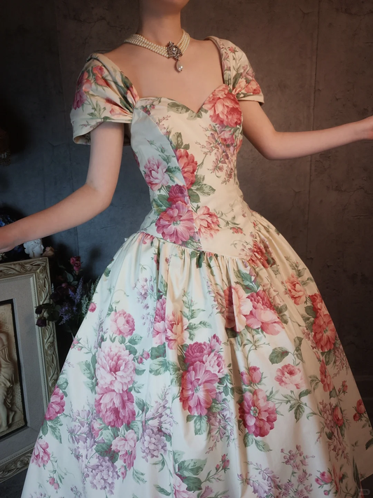 Vintage Sweetheart Floral Design Romantic Short-sleeved Evening Dress Prom Dress TP4022