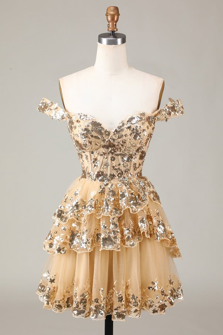 Vintage Golden Off-the-shoulder Design Short Evening Dress, A-line Sequins Corset Tiered Lace Homecoming Dress TP3398