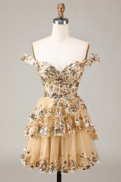 Vintage Golden Off-the-shoulder Design Short Evening Dress, A-line Sequins Corset Tiered Lace Homecoming Dress TP3398