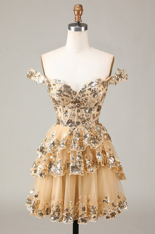 Vintage Golden Off-the-shoulder Design Short Evening Dress, A-line Sequins Corset Tiered Lace Homecoming Dress TP3398