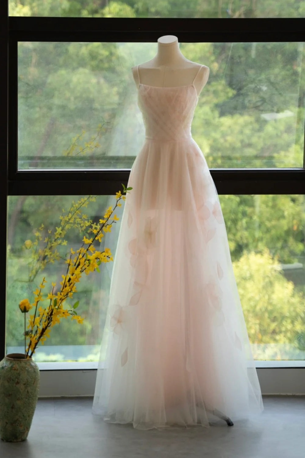 amakanas- Vintage Pink Tulle 3D Floral Spaghetti Strap Long Forest-Style Evening Gown gh6094