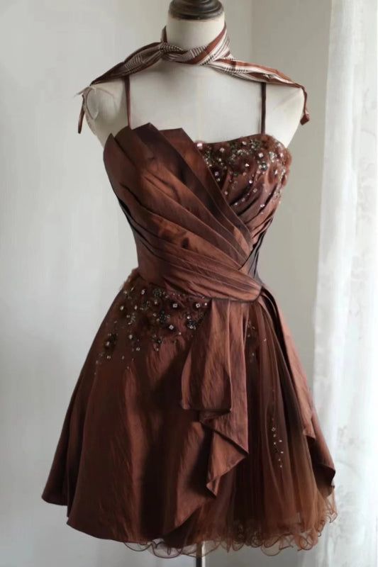 Brown retro palace puff short homecoming dress princess dress taffeta satin handmade beading adult ceremony birthday party gh4374