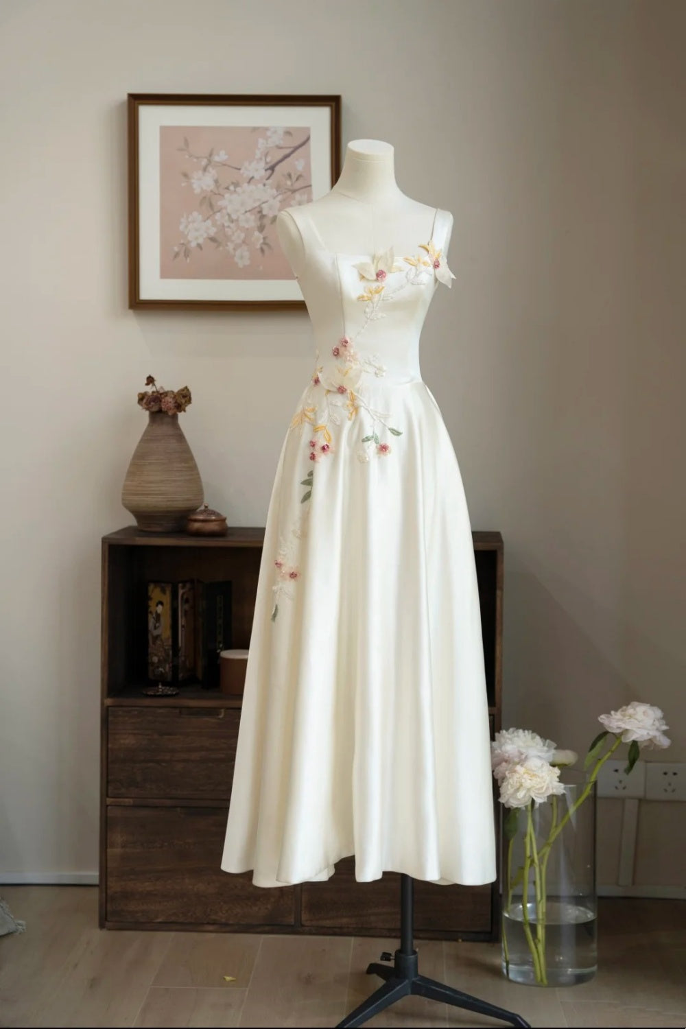 amakanas- Vintage Beige 3D Floral Embroidered Square Neck Midi Chinese Style Evening Gown gh6037