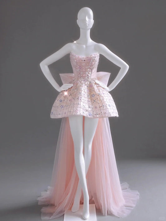 amakanas-Pink Exquisite Beading Fashion Short Satin Homecoming Dress Birthday Party Dress gh5413