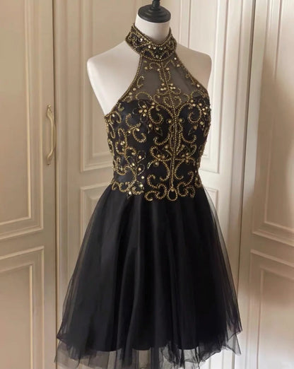 Black Gold Beaded Short Tulle Homecoming Dress Prom Dress Birthday Party Dress gh4848