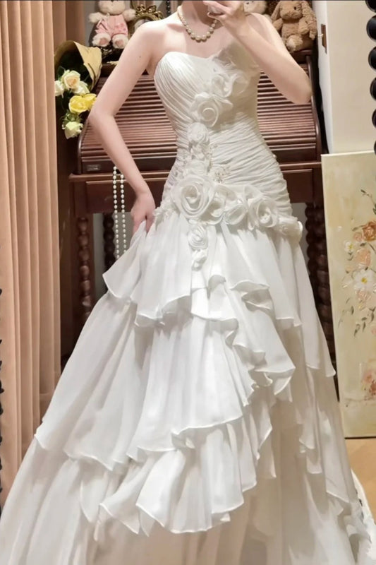 amakanas-White Sweetheart Neckline Floral Long Tulle Princess Formal Prom Dress Graduation Dress Evening Dress Wedding Dress gh5976