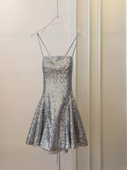 Silver shiny niche vintage dress short sequin homecoming dress birthday cocktail party dress gh4306