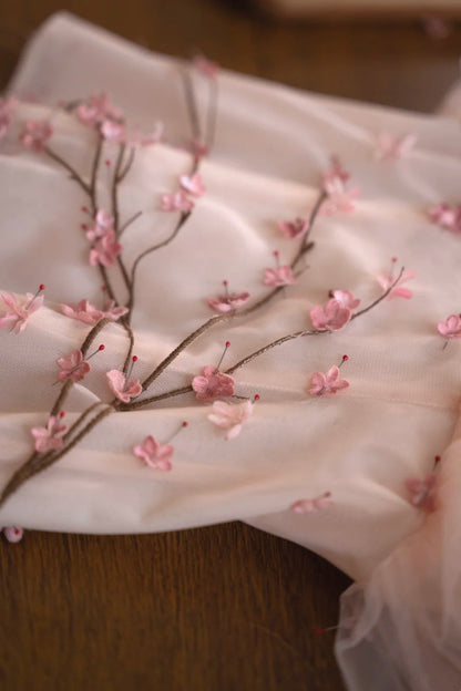 amakanas- Vintage Peach Pink Plum Blossom 3D Embroidered Strapless Tulle Chinese Style Evening Gown gh6034