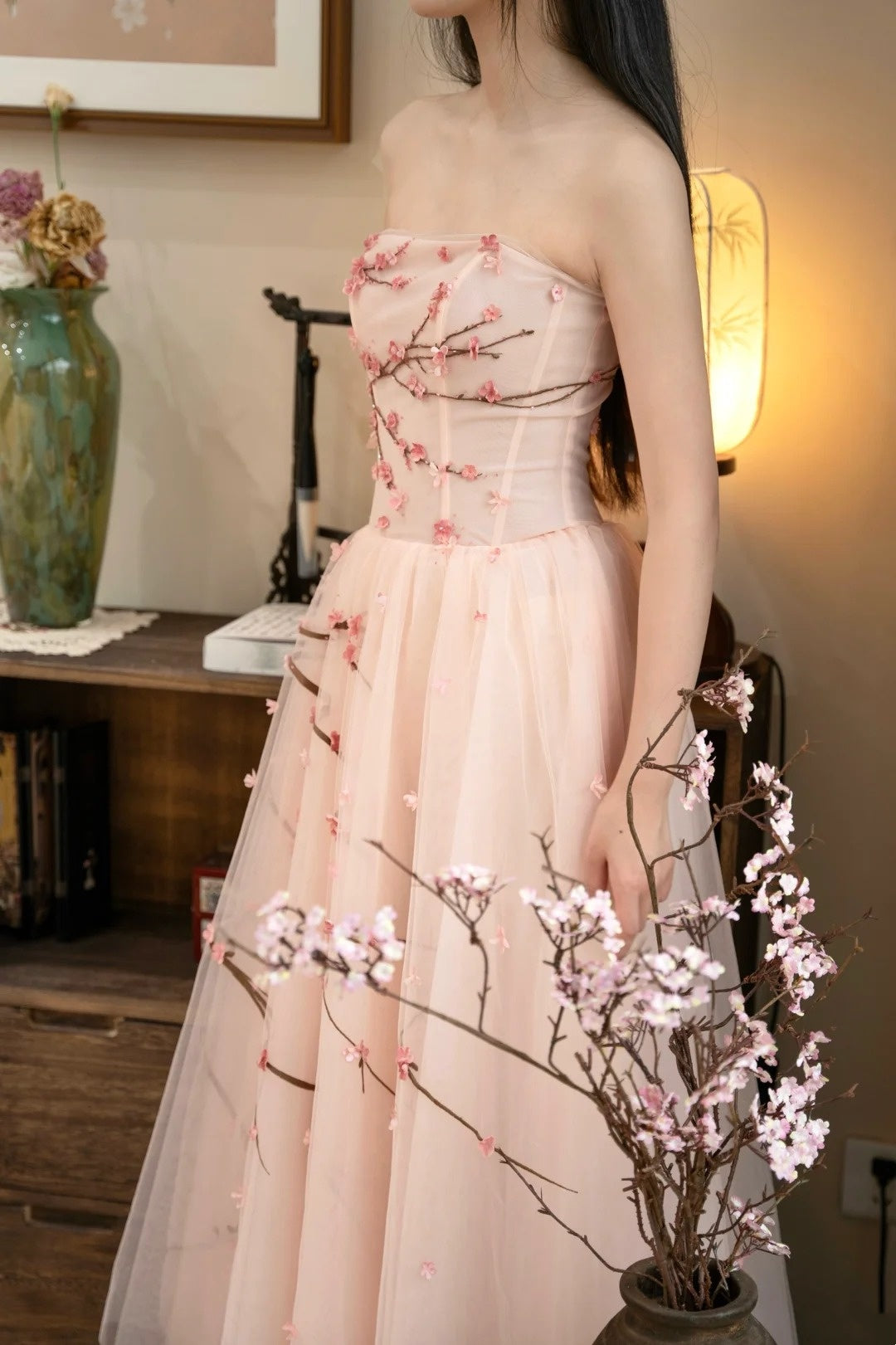 amakanas- Vintage Peach Pink Plum Blossom 3D Embroidered Strapless Tulle Chinese Style Evening Gown gh6034