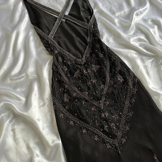 Fairytale Black Vintage Floral Chiffon Long Chiffon Elegant Ball Gown Evening Dress Birthday Party Dress gh4271