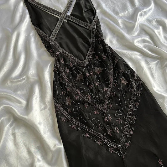 Fairytale Black Vintage Floral Chiffon Long Chiffon Elegant Ball Gown Evening Dress Birthday Party Dress gh4271