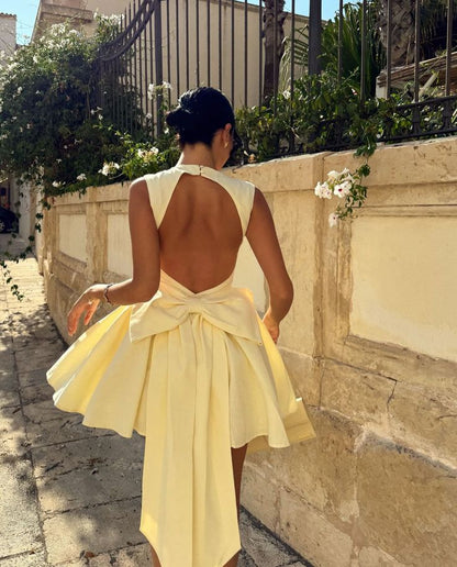 amakanas-Yellow fashion sweet backless elegant short satin homecoming dress birthday dress gh5268