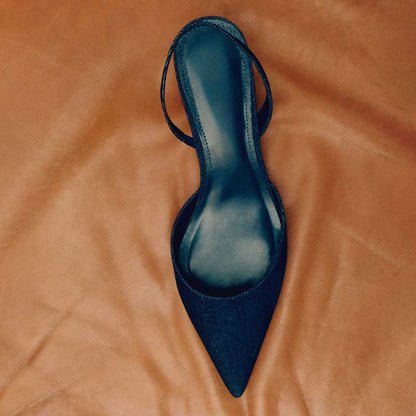 Dark Blue Denim Pointed Toe Kitten Heel Slingback Pumps for Women