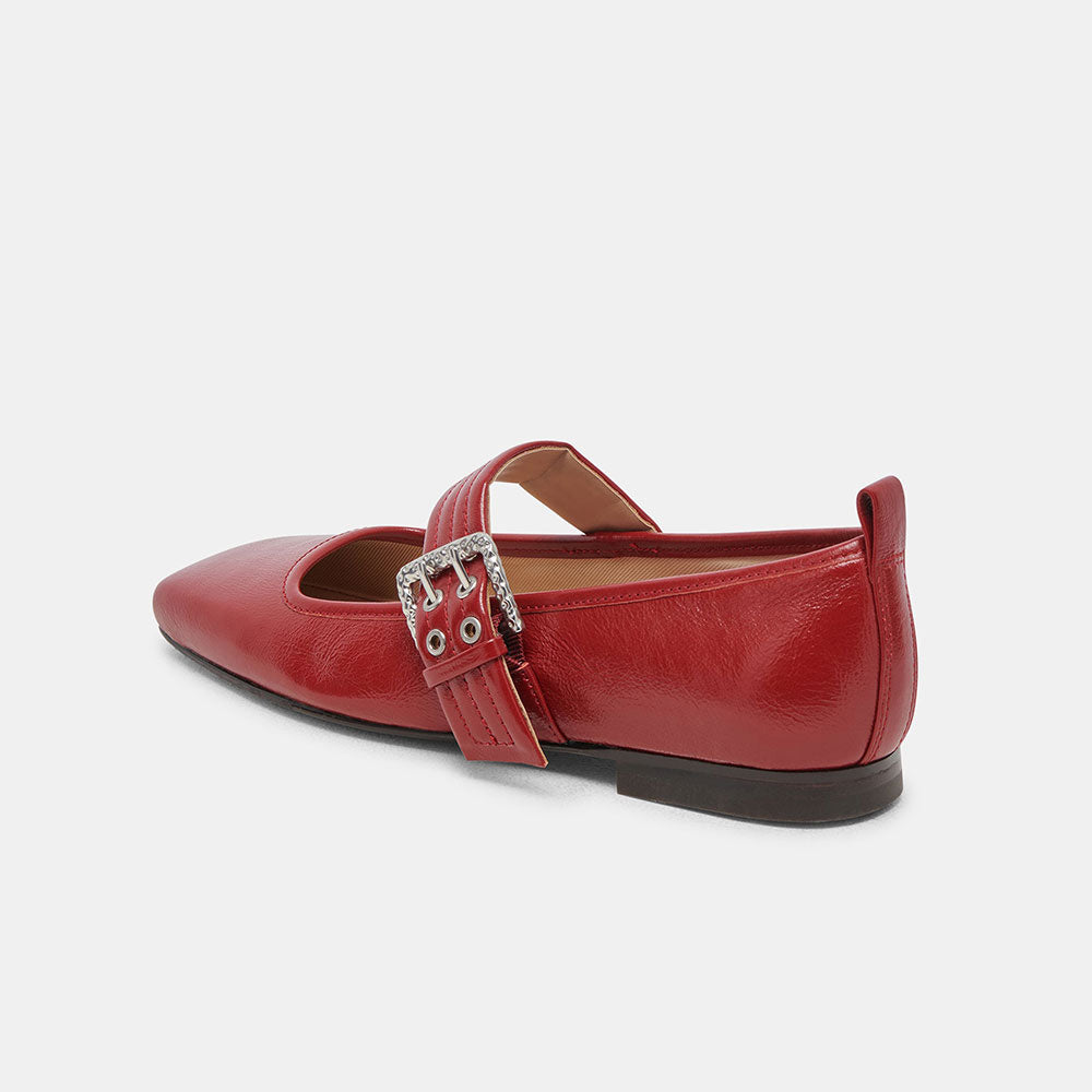 Red Vegan Leather Square Toe Flat Buckle Mary Jane Shoes