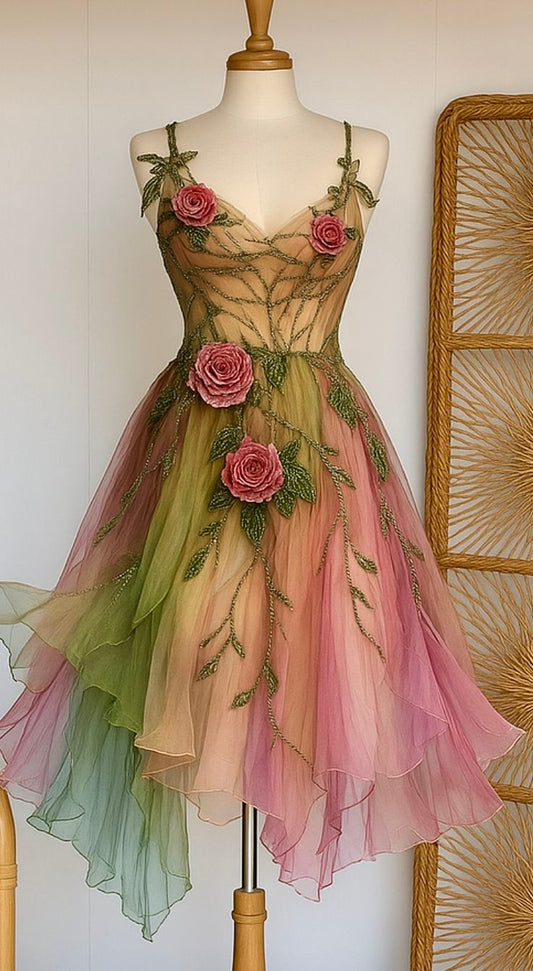 Pink fairy gradient floral short chiffon ball gown homecoming dress birthday dress gh4627